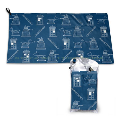 Who Pattern Quick Dry Towel Gym Sports Bath Portable Who Dw Tardis Screwdriver K9 K 9 Dalek Pattern Blue Sci Fi Exterminate TV