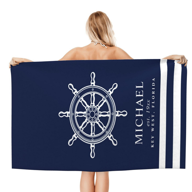 Fehér sötétkék fürdőlepedő hajó dekoratív horgony fürdőszobai fürdőlepedő strandtörölköző testreszabható 70x140 cm-es mikroszálas nagy törölköző