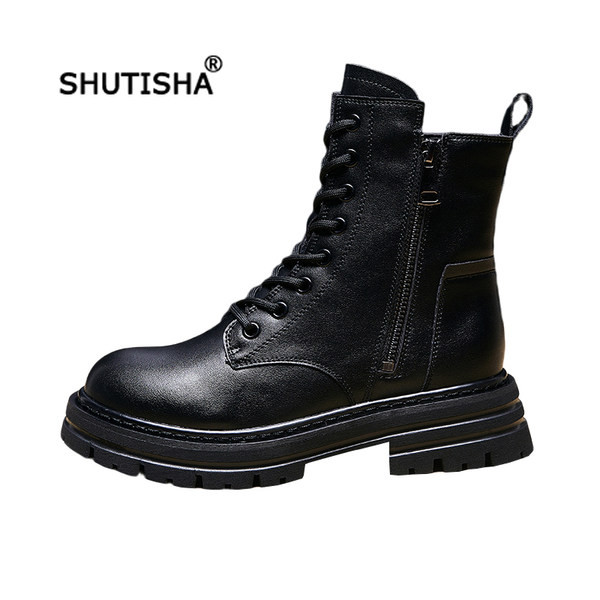 Cizme de dama din piele ecologica si inchidere cu sireturi si fermoar