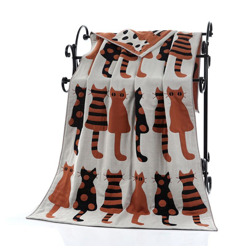 3 rétegű pamut géz fürdőlepedők Aranyos Jacquard Miau Cat Gyorsan száradó szuper nedvszívó SPA Úszó Strand mosdókendők