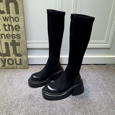 Ghete de dama moderne cu toc patrat - culoare neagra