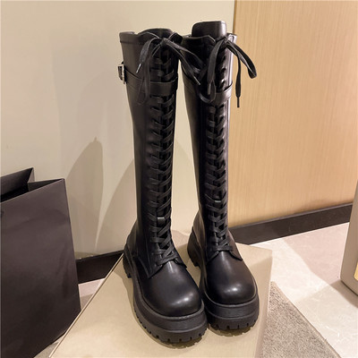 Cizme de dama din piele ecologica cu sireturi