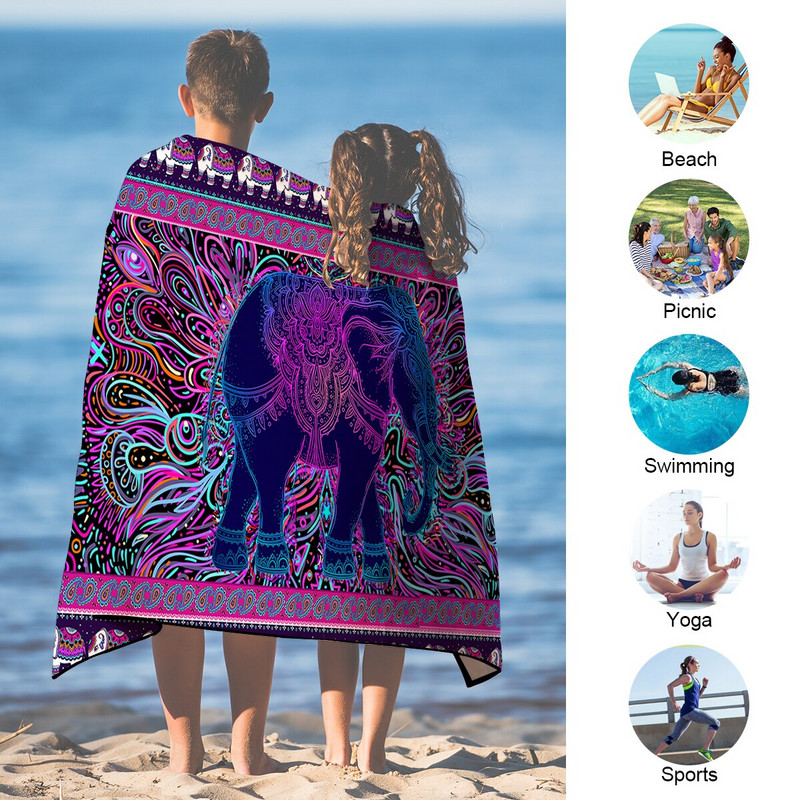 Elephant by Ismot Esha pentru fete prosop de baie hippie prosop de plajă din microfibră covoraș psihedelic pentru picnic 75 x 150 flori boho pătură de baie