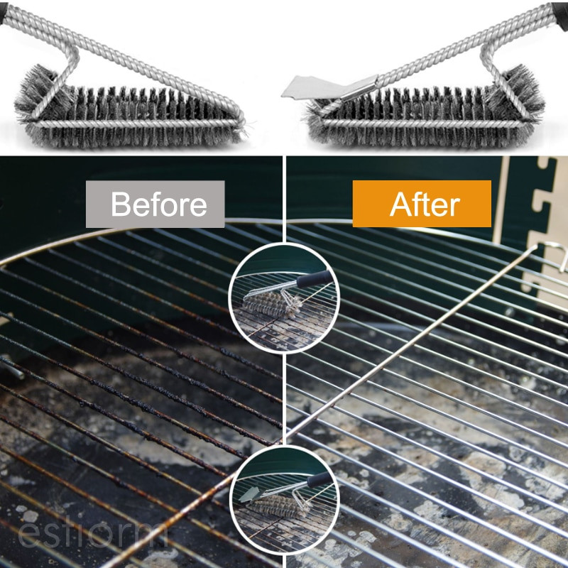 Grillkefe és kaparó, 18 hüvelykes rozsdamentes acél drót grilltisztító kefe, BBQ tisztító a Weber gáz/szén grillrácsokhoz