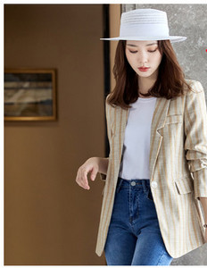 Jachetă modernă de damă în dungi, cu mâneci lungi și decolteu ascuțit