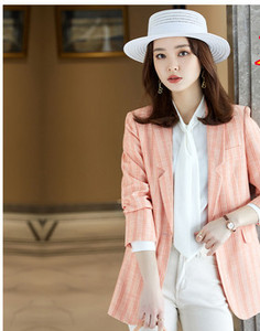 Jachetă modernă de damă în dungi, cu mâneci lungi și decolteu ascuțit