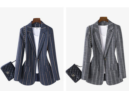 Jachetă modernă de damă în dungi, cu mâneci lungi și decolteu ascuțit