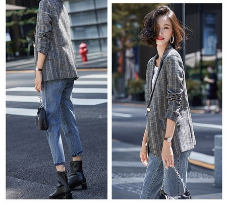 Jachetă modernă de damă în dungi, cu mâneci lungi și decolteu ascuțit