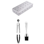 Kūpinātāja kaste skaidām, nerūsējošā tērauda gāzes vai ogļu grila gaļas kūpināšanai ar veramu vāku, grila instrumentu, ar pārtikas klipu un eļļas suku