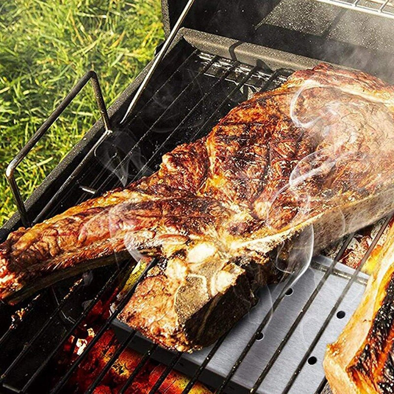 Kūpinātāja kaste skaidām, nerūsējošā tērauda gāzes vai ogļu grila gaļas kūpināšanai ar veramu vāku, grila instrumentu, ar pārtikas klipu un eļļas suku