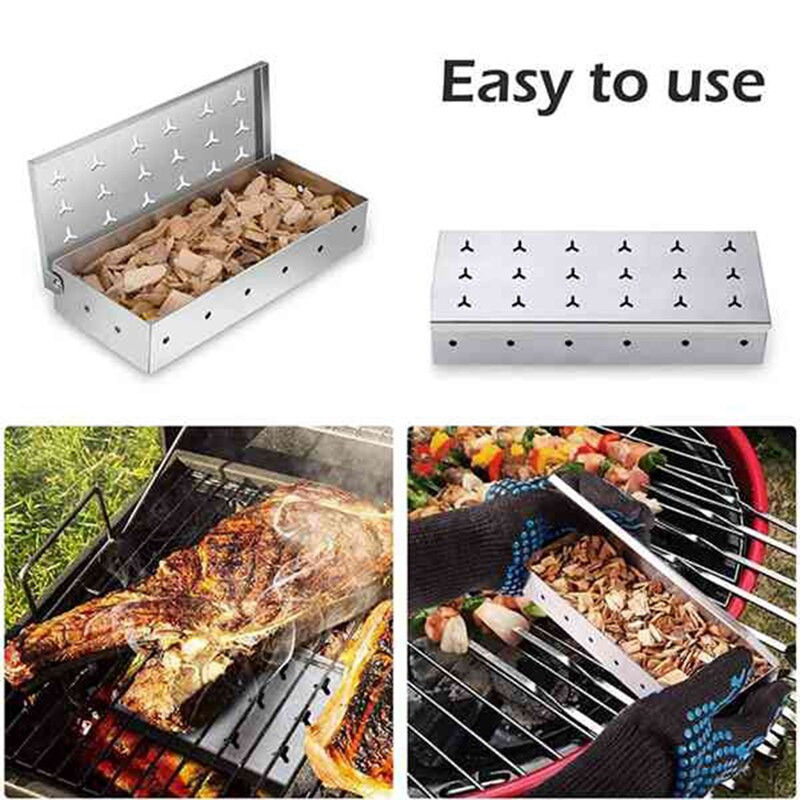 Kūpinātāja kaste skaidām, nerūsējošā tērauda gāzes vai ogļu grila gaļas kūpināšanai ar veramu vāku, grila instrumentu, ar pārtikas klipu un eļļas suku