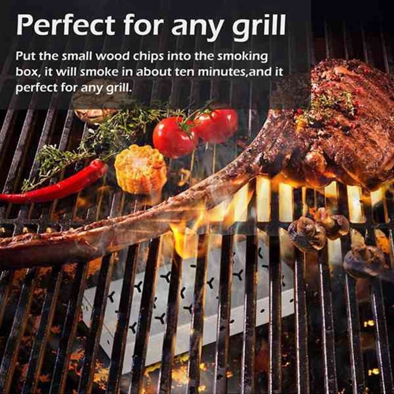 Kūpinātāja kaste skaidām, nerūsējošā tērauda gāzes vai ogļu grila gaļas kūpināšanai ar veramu vāku, grila instrumentu, ar pārtikas klipu un eļļas suku