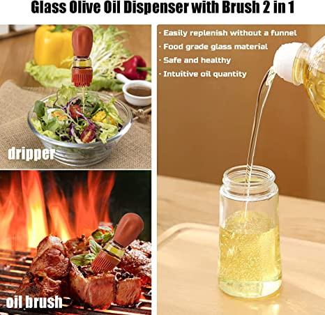 Sticlă de ulei nouă cu perie Perie de ulei de silicon Dispenser de ulei de sticlă Recipient de condimente Instrument pentru grătar dispensador de ulei con brocha