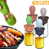 1/2 vnt. stiklinis aliejaus butelis su silikoniniu šepečiu virtuvės aliejaus dozatoriumi, atsparus aukštai temperatūrai kepimui ant grotelių