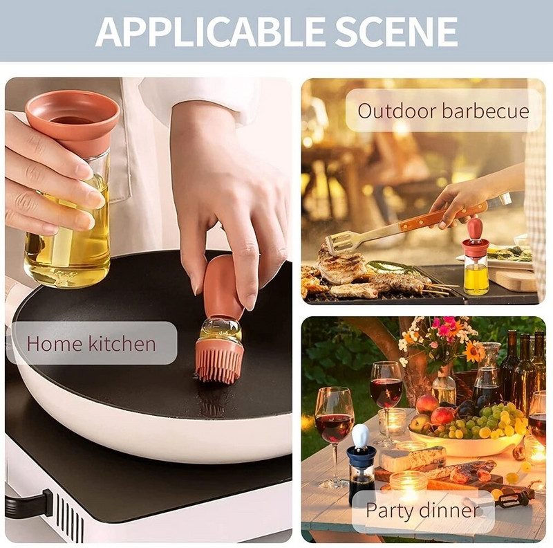 1/2 vnt. stiklinis aliejaus butelis su silikoniniu šepečiu virtuvės aliejaus dozatoriumi, atsparus aukštai temperatūrai kepimui ant grotelių