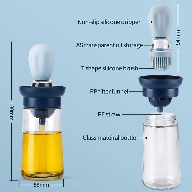 1/2 vnt. stiklinis aliejaus butelis su silikoniniu šepečiu virtuvės aliejaus dozatoriumi, atsparus aukštai temperatūrai kepimui ant grotelių