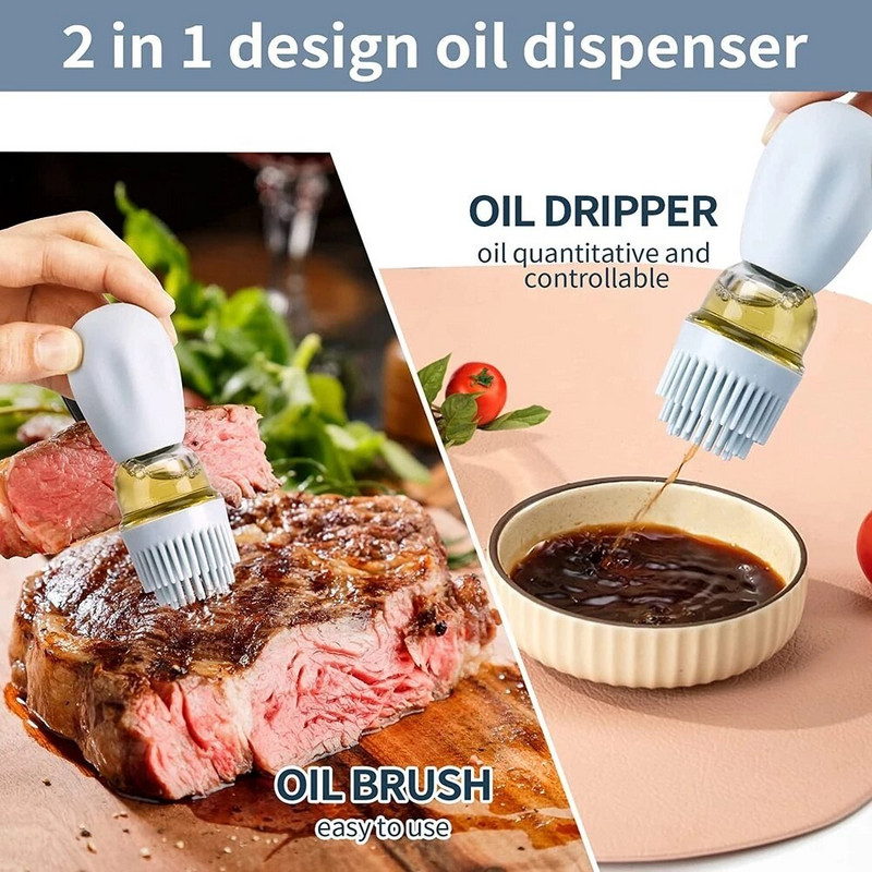 1/2 vnt. stiklinis aliejaus butelis su silikoniniu šepečiu virtuvės aliejaus dozatoriumi, atsparus aukštai temperatūrai kepimui ant grotelių