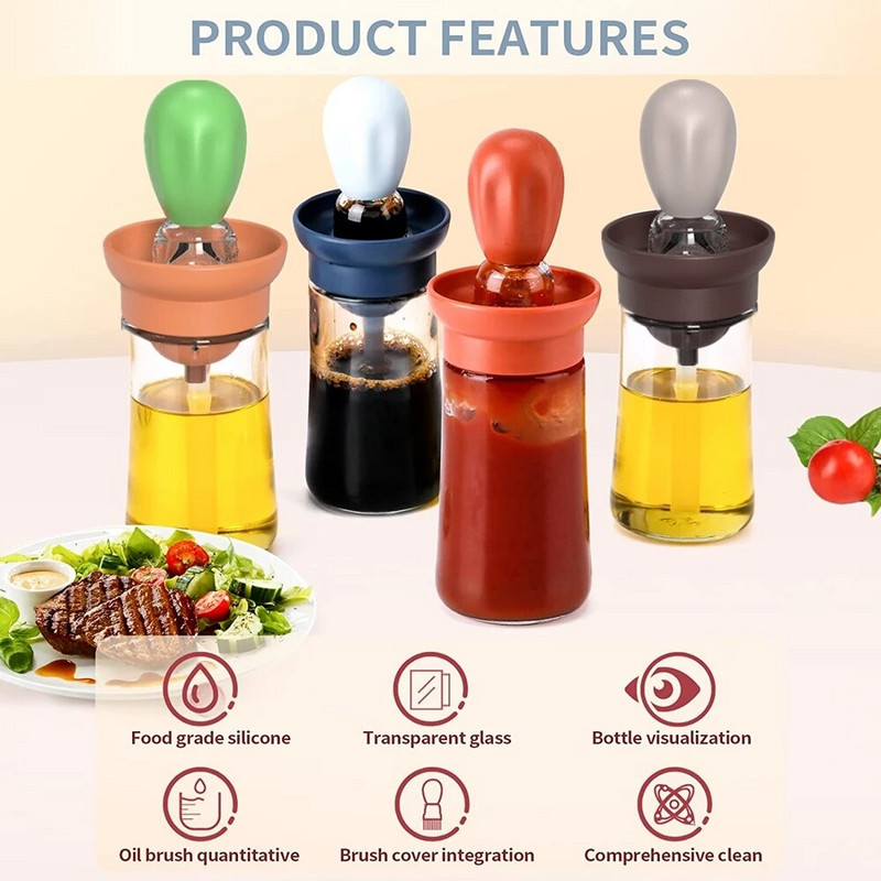 1/2 vnt. stiklinis aliejaus butelis su silikoniniu šepečiu virtuvės aliejaus dozatoriumi, atsparus aukštai temperatūrai kepimui ant grotelių