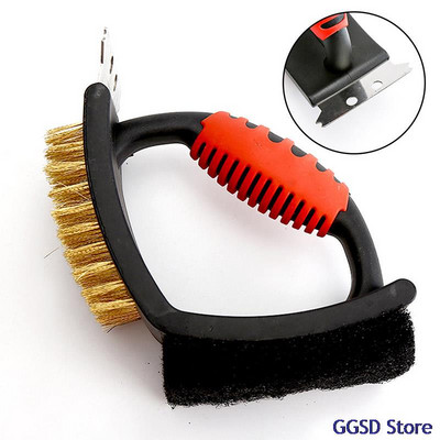 BBQ Grill Brush 3 in 1 Brass/ Steel Wire Scree Pad Scraper Barbecue Cleaning Brush Grill Cleaner Bristles BBQ Cleaning Tools