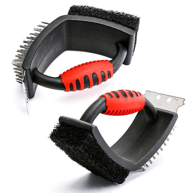 Daugiafunkcis grilio šepetys su žalvario šerių šveitimo padėklu ir grandikliu visoms grotelėms Grilio šepetys ir grandiklio guminė rankena