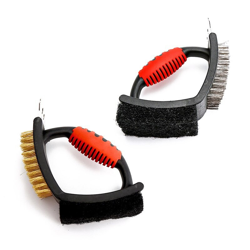 Daugiafunkcis grilio šepetys su žalvario šerių šveitimo padėklu ir grandikliu visoms grotelėms Grilio šepetys ir grandiklio guminė rankena