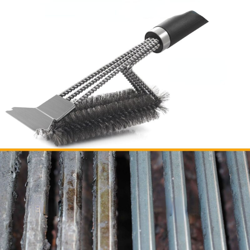 Kreatív háromfejű spatula sütő grillháló tisztító kefe kültéri BBQ grilleszköz háztartási rozsdamentes acél grillkefe