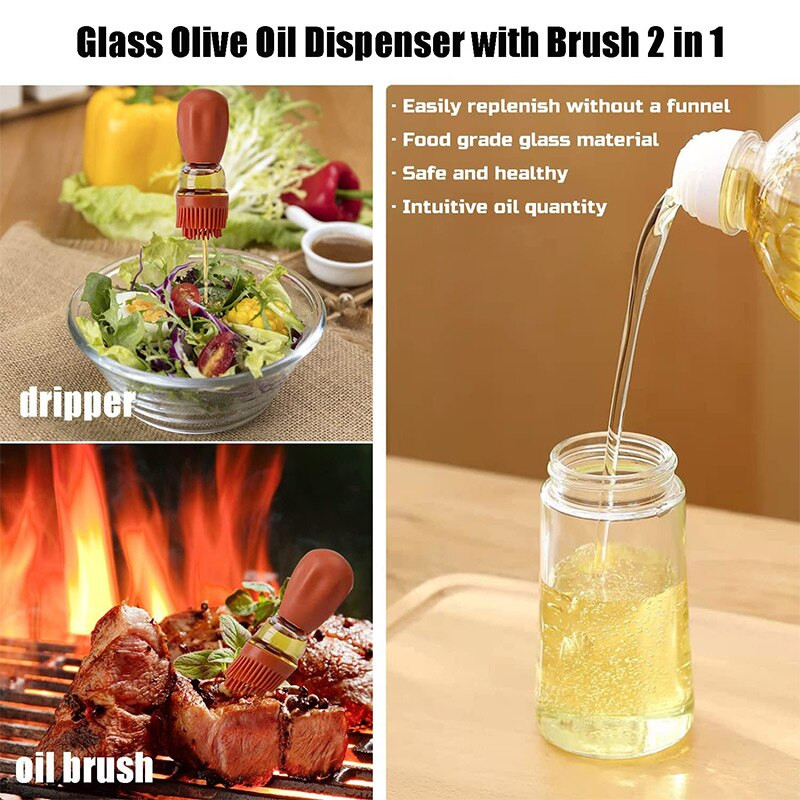 Sticlă dozatoare de ulei de măsline cu perie 2 în 1 picurator din silicon pentru măsurare flacon distribuitor de ulei de gătit pentru instrument de grătar pentru coacere