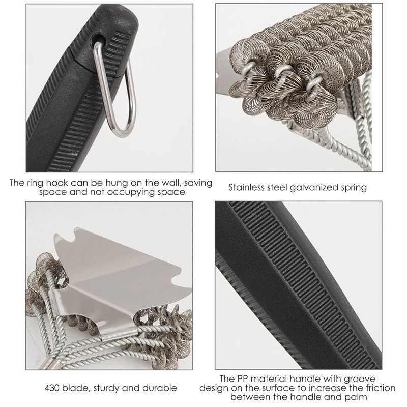 Roostevabast terasest harjastega kootud traadist BBQ grilli puhastusharjaga toiduvalmistamise tööriistad koos 3 spiraalse disainiga pika käepidemega köögitarvikutega