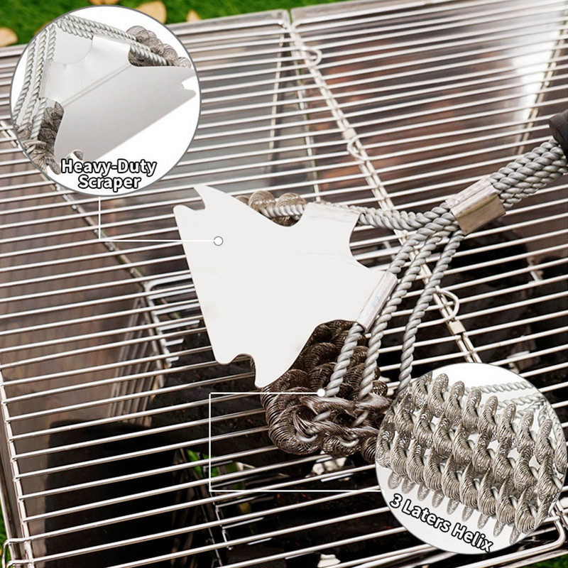 Roostevabast terasest harjastega kootud traadist BBQ grilli puhastusharjaga toiduvalmistamise tööriistad koos 3 spiraalse disainiga pika käepidemega köögitarvikutega