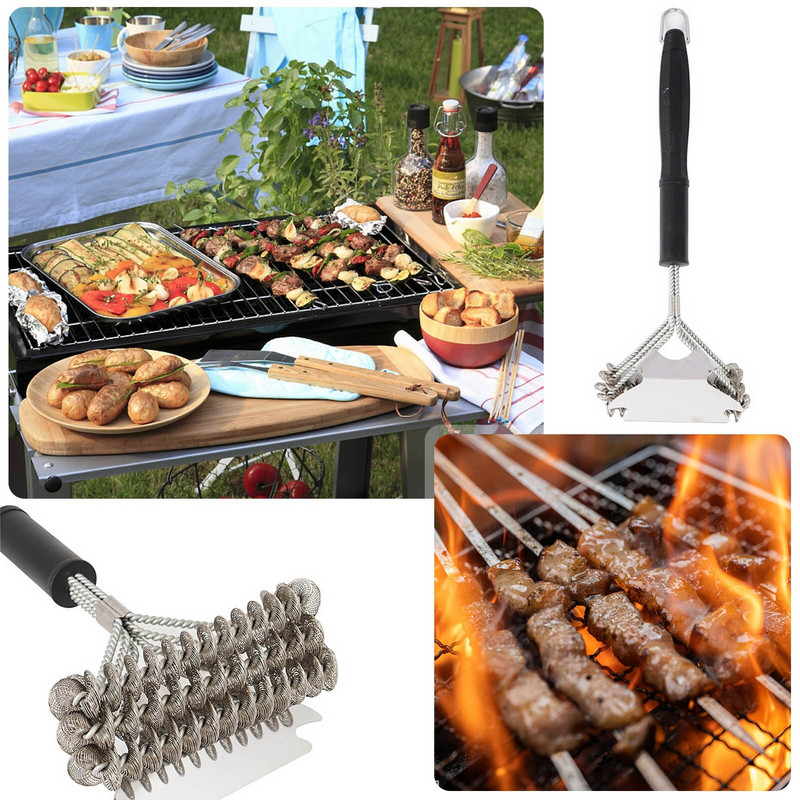 Roostevabast terasest harjastega kootud traadist BBQ grilli puhastusharjaga toiduvalmistamise tööriistad koos 3 spiraalse disainiga pika käepidemega köögitarvikutega