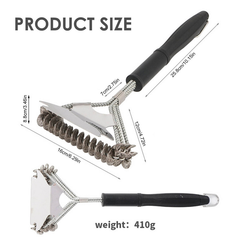 Roostevabast terasest harjastega kootud traadist BBQ grilli puhastusharjaga toiduvalmistamise tööriistad koos 3 spiraalse disainiga pika käepidemega köögitarvikutega