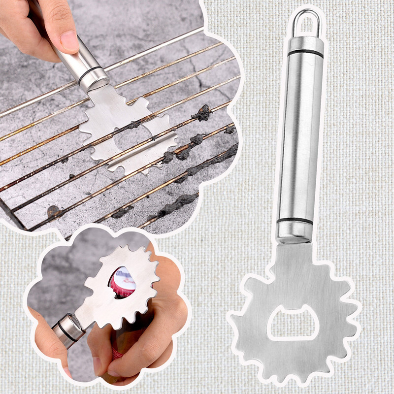 Instrument de răzuit pentru grătar din oțel inoxidabil Instrument de curățare sigur pentru grătar cu deschizător de sticle Dispozitiv de curățare durabil pentru grătar pentru grătar Camping Gri