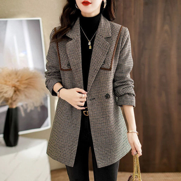 Jachetă casual de damă cu model în carouri, cu nasturi