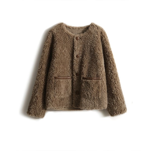 Moteriškas laisvalaikio pliušinis paltas su ovalia iškirpte