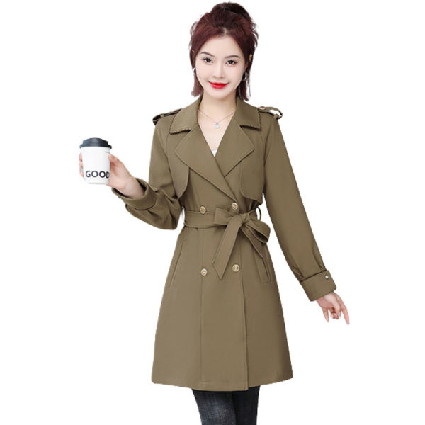 Ležeran ženski kaput srednje dužine s gumbima i remenom