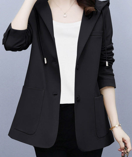 Palton casual de dama cu gluga, buzunar si nasturi