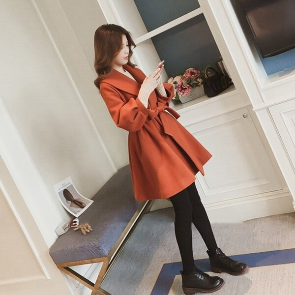 Φθινοπωρινό Χειμερινό μονόχρωμο παλτό με ζώνη για γυναίκες