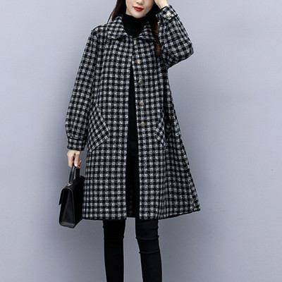 Γυναικείο καρό παλτό με κουμπιά - φαρδύ μοντέλο