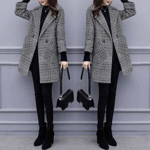 Γυναικείο παλτό φθινοπώρου-χειμώνα με καρό σχέδιο μεσαίου μήκους