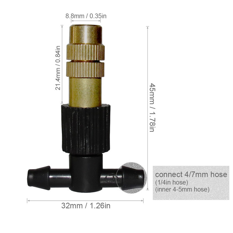 15-250 vnt. reguliuojamas varinis purškimo antgalis su 4/7 mm plastikine trišakio jungtimi žalvario laistymo laistymo purkštuvo aušinimo antgaliu