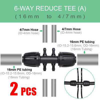 16 mm PE caurules ūdens savienotāji Dārza apūdeņošanas piederumi 16 mm x 3/8`` 1/4`` 1/8`` 6,0 mm cauruļu savienojuma adapteris, samazināti savienojumi