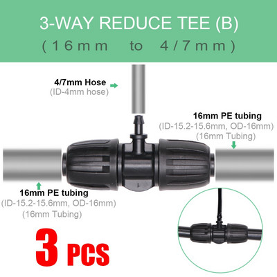 16 mm PE caurules ūdens savienotāji Dārza apūdeņošanas piederumi 16 mm x 3/8`` 1/4`` 1/8`` 6,0 mm cauruļu savienojuma adapteris, samazināti savienojumi