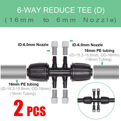 16 mm PE caurules ūdens savienotāji Dārza apūdeņošanas piederumi 16 mm x 3/8`` 1/4`` 1/8`` 6,0 mm cauruļu savienojuma adapteris, samazināti savienojumi