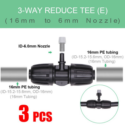 16 mm PE caurules ūdens savienotāji Dārza apūdeņošanas piederumi 16 mm x 3/8`` 1/4`` 1/8`` 6,0 mm cauruļu savienojuma adapteris, samazināti savienojumi