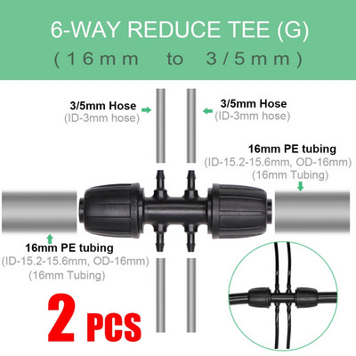 16 mm PE caurules ūdens savienotāji Dārza apūdeņošanas piederumi 16 mm x 3/8`` 1/4`` 1/8`` 6,0 mm cauruļu savienojuma adapteris, samazināti savienojumi