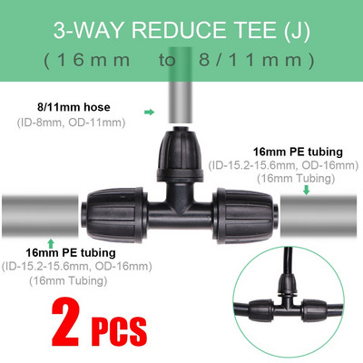 16 mm PE caurules ūdens savienotāji Dārza apūdeņošanas piederumi 16 mm x 3/8`` 1/4`` 1/8`` 6,0 mm cauruļu savienojuma adapteris, samazināti savienojumi