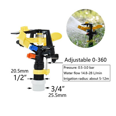 Dārza apūdeņošanas dubultā izplūdes sviru sprausla 360 grādu rotējošie strūklas smidzinātāji 1/2 3/4 collas plastmasas tapas ievietošanas zeme