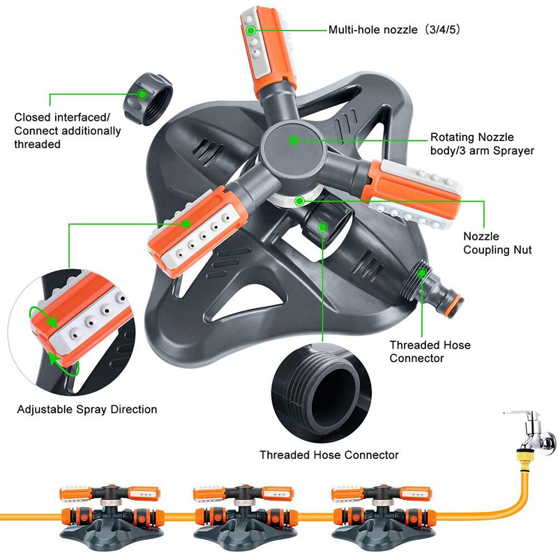 Градински спринклер за тревни площи 360-градусов автоматичен въртящ се двор Градина с голямо покритие Воден спринклер Водна пръскачка за напояване