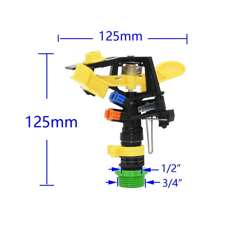 Напояване Двоен изход Рокерна дюза 360 градуса въртяща се струйна дюза градина Напоителна ферма Разпръсквачи с 1/2" 3/4" мъжки 1 бр.