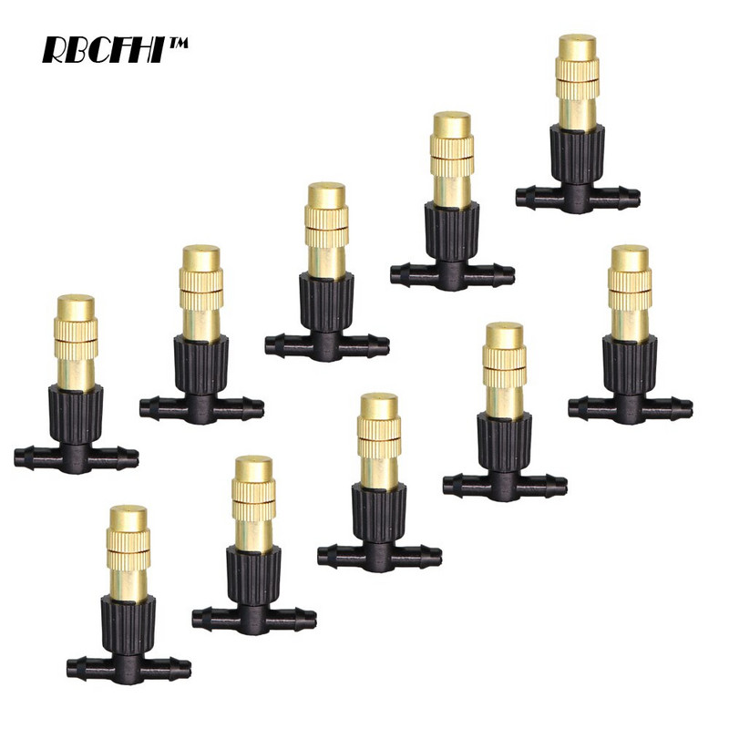 RBCFHI 30/50/100/200PCS Градинско напояване Регулируема месингова дюза 1/4`` Barb Tee Connect Watering Irrigation